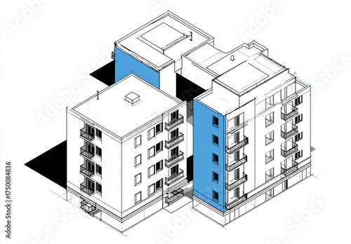Isometric architectural sketch of a modern residential building complex.
