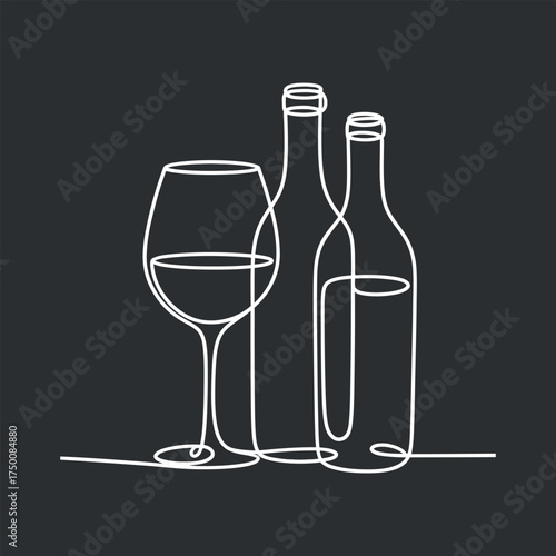 Line Drawing: Drink Glass and Bottles on Solid Color Background