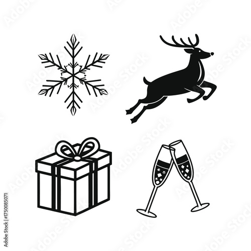 Festive christmas icons silhouette collection snowflake reindeer gift box bells simple design isolated on transparent background