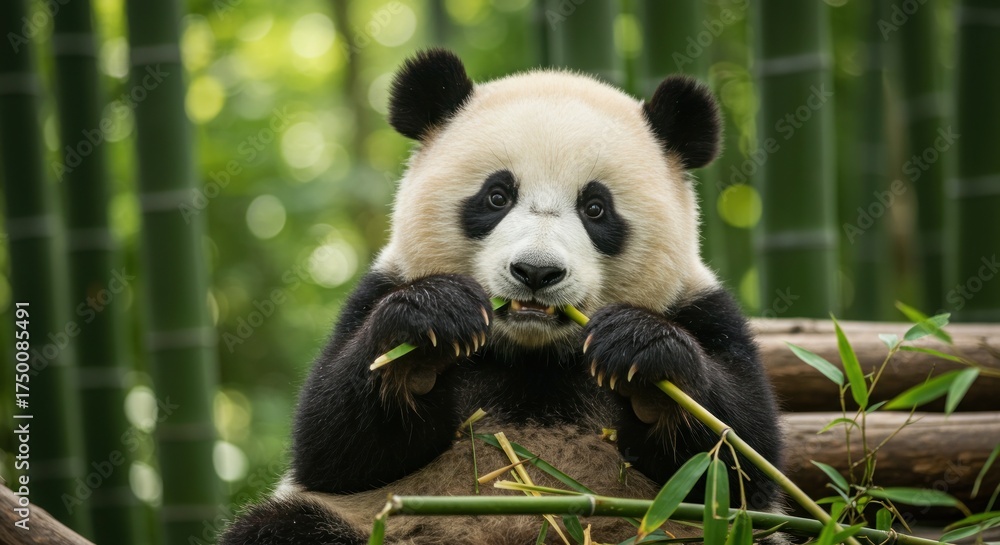 Obraz premium Giant panda bear eating bamboo plants close up
