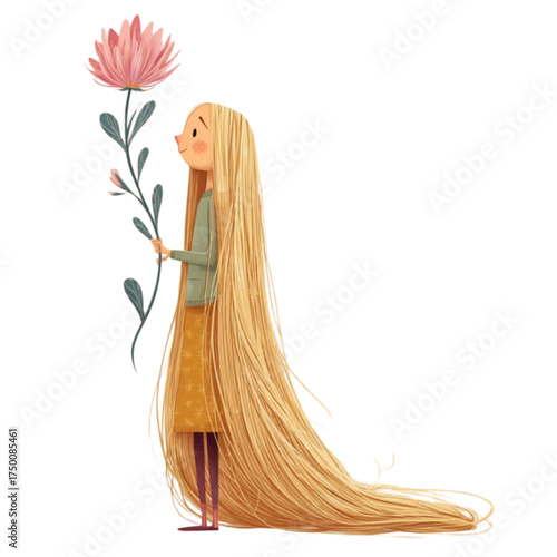 Illustrated whimsical girl with extremely long blonde hair holding a flower.