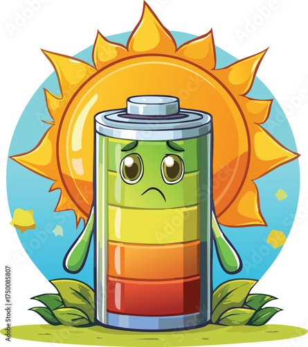 Sad Battery Character Getting Recharged by the Sun, Concept of Renewable Energy and Emotional Revival