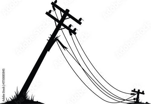 Broken utility poles, leaning silhouette, snapped power line, storm damage infrastructure, fallen pole with birds, electricity distribution failure, urban energy grid, vulnerability
