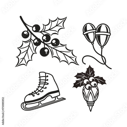 Artistic line drawing collection of vintage objects including boot flower and berries isolated on transparent background
