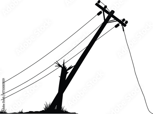 Broken utility pole, leaning silhouette, snapped power line, storm damage infrastructure, electricity distribution failure, fallen pole, urban energy grid, vulnerability