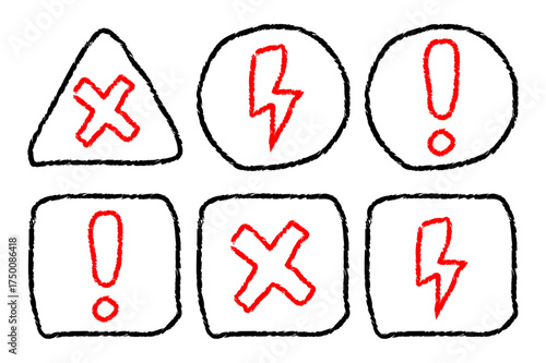 Hand Drawn Red Exclamation Mark and Warning Sign Set. Doodle Caution and Alert Notification Icons Vector Illustration on White Background