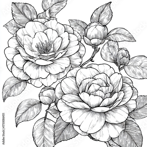 Elegant hand drawn camellia blossoms and buds illustration.