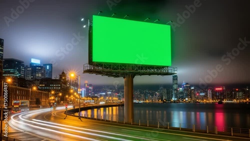 Illuminated billboard with green screen in hong kong at night time