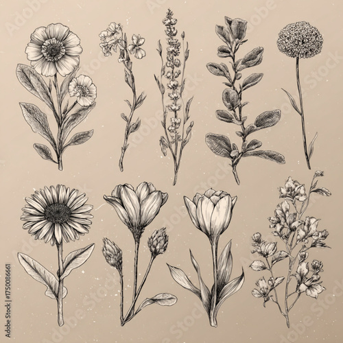 A beautiful collection of hand drawn vintage botanical flower illustrations.