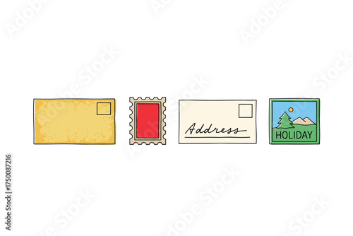 Vintage mail set with yellow envelope, red stamp, postcard, and holiday sticker. Colorful icons set illustrated