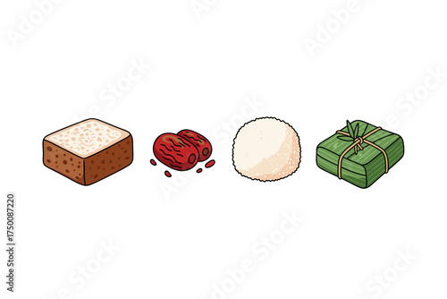 Asian traditional sweets and ingredients: rice cake, jujube, glutinous ball, wrapped dessert. Colorful icons set illustrated