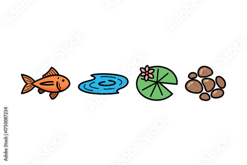 Colorful symbols of fish pond life with fish, water, lily pad, and rocks. Colorful icons set illustrated