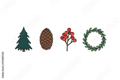 Collection of evergreen symbols: pine tree, cone, berries, wreath. Colorful icons set illustrated