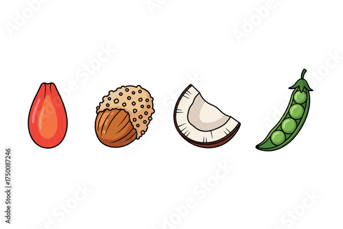 Colorful cartoon fruit and nut collection with tomato hazelnut coconut peapod. Colorful icons set illustrated
