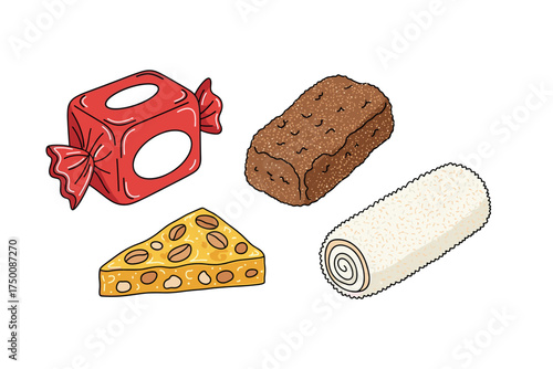 Colorful candy and sweet treats - red wrapped candy, brown biscuit, cheese slice, white coconut roll. Colorful icons set illustrated