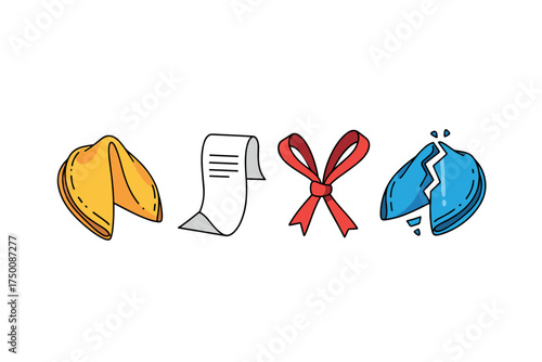Fortune cookie sequence: whole, note, ribbon, broken blue cookie. Colorful icons set illustrated