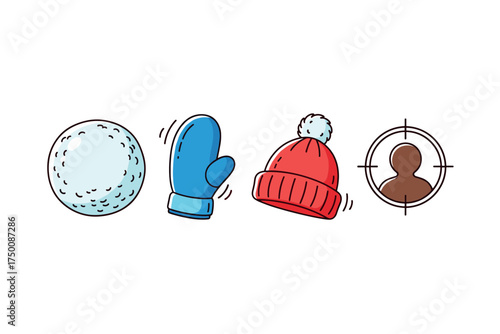 Snowball fight icons with mitten, beanie, and target symbol. Colorful icons set illustrated