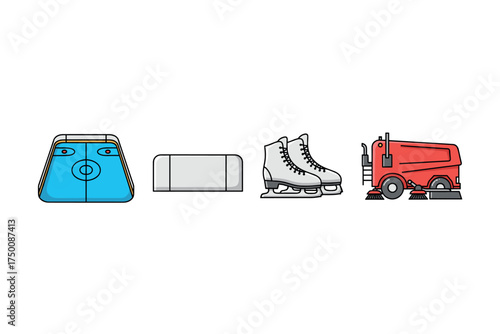 Ice rink essentials: hockey rink, puck, skates, zamboni machine icons. Colorful icons set illustrated