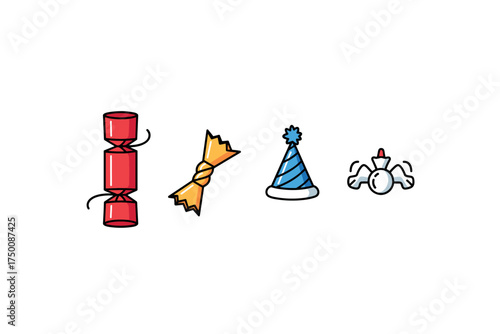 Festive party icons: cracker, candy, hat, and spinner collection. Colorful icons set illustrated