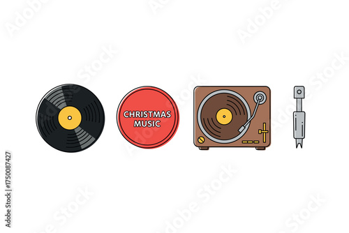 Retro christmas music vinyl and turntable icon set. Colorful icons set illustrated