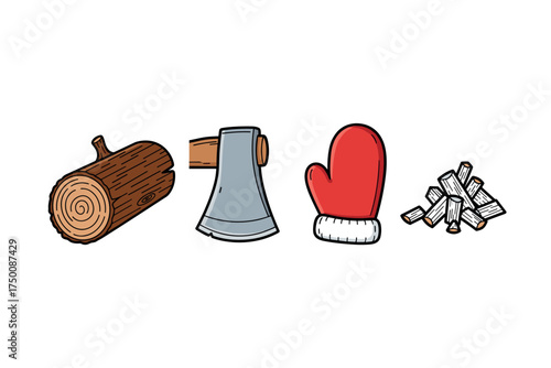 Chopped wood and axe with red mittens illustration. Colorful icons set illustrated