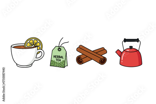 Herbal tea preparation: lemon slice, tea bag, cinnamon sticks, and red kettle. Colorful icons set illustrated