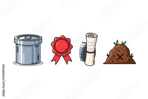 Geocaching icons: cache container, red seal, scroll, buried treasure. Colorful icons set illustrated