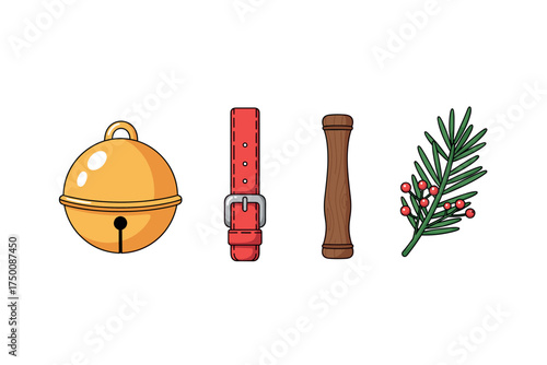 Jingle bell, red strap, wooden handle, and green foliage with berries. Colorful icons set illustrated