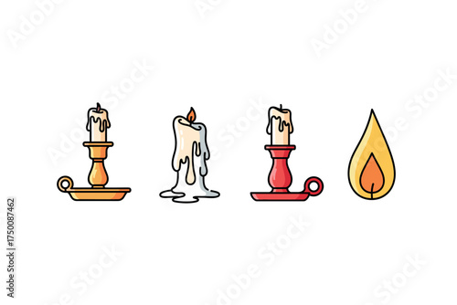 Colorful candle variations with holders and flame illustration. Colorful icons set illustrated