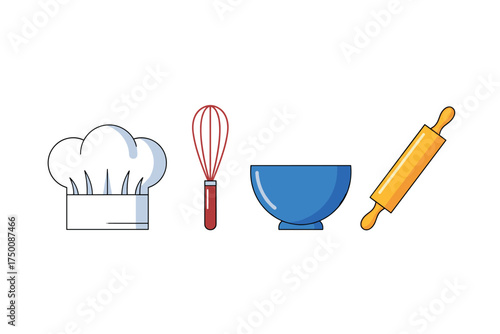 Baking essentials: chef hat, whisk, bowl, rolling pin in iconic style. Colorful icons set illustrated