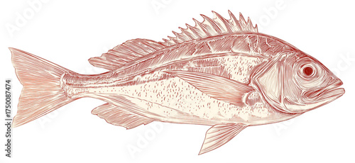 Vintage scientific illustration of a red rockfish species.