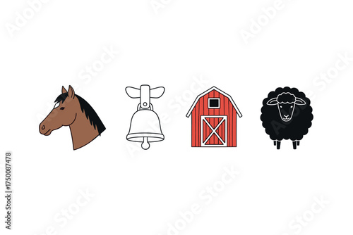 Farm icons: horse, bell, barn, sheep in simple vector style. Colorful icons set illustrated