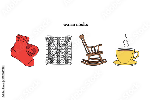 Cozy comfort: red socks, knitted blanket, rocking chair, and steaming cup of tea. Colorful icons set illustrated