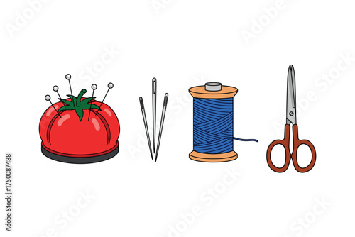 Sewing essentials: tomato pin cushion, needles, blue thread spool, scissors. Colorful icons set illustrated