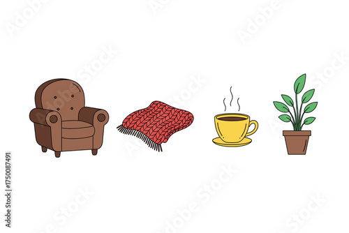 Cozy armchair, red blanket, steaming yellow mug, and green potted plant. Colorful icons set illustrated