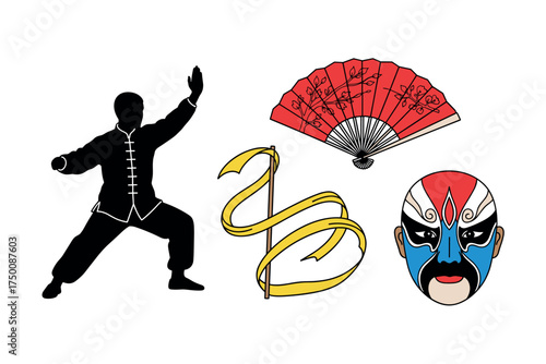 Chinese culture elements: martial arts, traditional fan, ribbon, opera mask. Colorful icons set illustrated