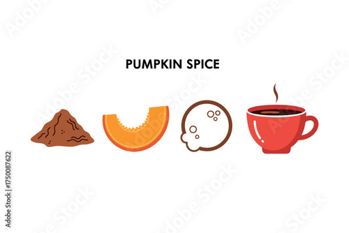 Pumpkin spice ingredients and coffee cup illustration. Colorful icons set illustrated
