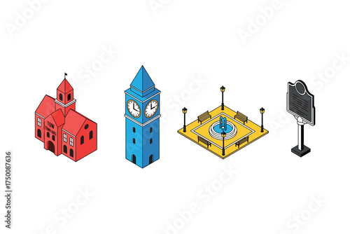 Colorful isometric illustrations of town hall, clock tower, fountain, and signpost. Colorful icons set illustrated