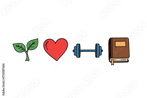Symbols representing nature, love, fitness, and knowledge in minimalist design. Colorful icons set illustrated