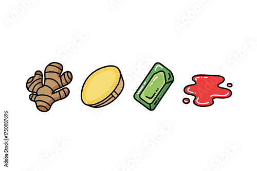 Spicy ginger, fresh lemon, minty menthol, and sweet strawberry flavors. Colorful icons set illustrated