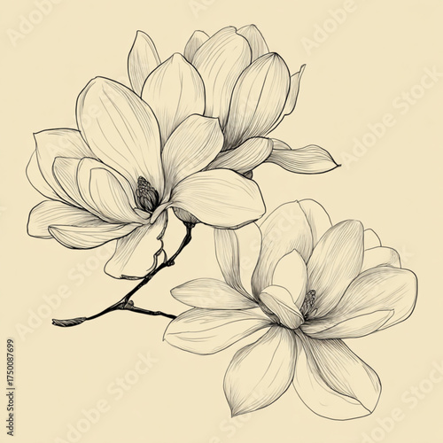 Elegant hand drawn sketch of two beautiful magnolia flowers.