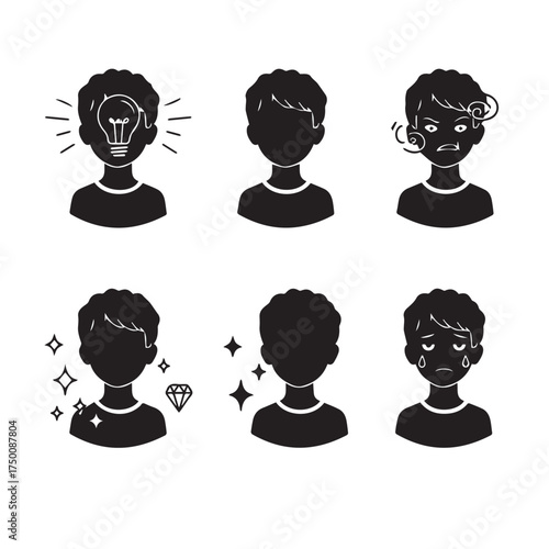 Set of six black silhouette illustrations depicting various emotional states and thoughts of people