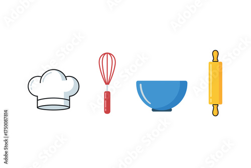 Illustration of kitchen items: chef hat, whisk, bowl, rolling pin. Colorful icons set illustrated