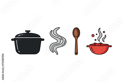 Cooking essentials: pot, steam, spoon, and bowl icons for kitchen design. Colorful icons set illustrated