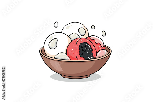 Cartoon bowl of mochi ice cream with red bean filling and toppings. Colorful icons set illustrated
