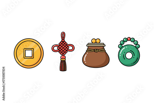 Traditional asian symbols: coin, knot, bag, and jade icon set on white. Colorful icons set illustrated