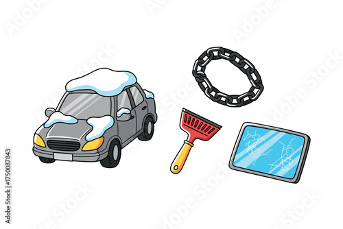 Snow-covered car with ice scraper, tire chain, and cracked tablet display. Colorful icons set illustrated