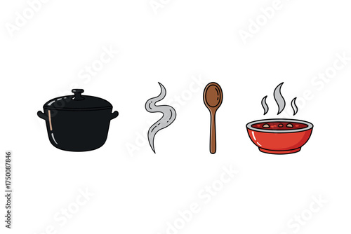 Illustration of cooking utensils and hot soup with steam. Colorful icons set illustrated