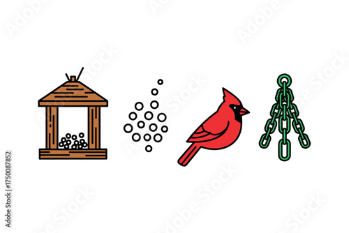 Bird feeder setup with seeds, cardinal, and chain illustration. Colorful icons set illustrated
