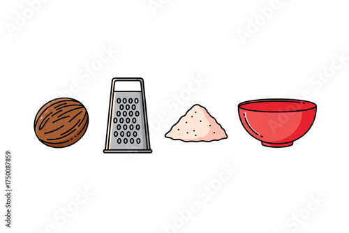 Nutmeg with grater, powder, and red bowl. Colorful icons set illustrated